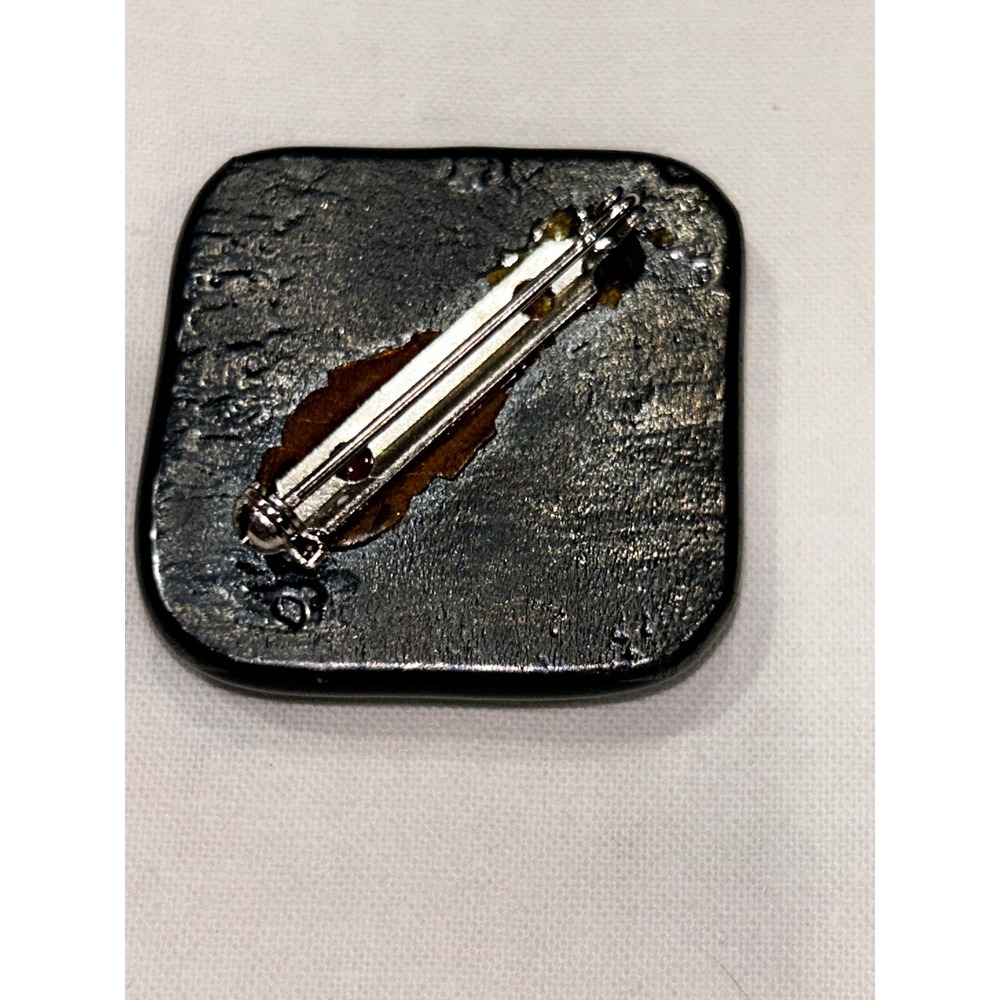 Dichroic Fused Glass Brooch Square Gold Green Teal Shimmer Artisan Pin 1.5" - Picture 2 of 5